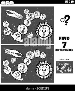 Cartoon in bianco e nero illustrazione della ricerca delle differenze tra le immagini Gioco educativo per bambini con pianeti fumetti e Orb spazio Caratteri Illustrazione Vettoriale