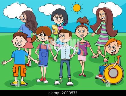 Cartoon Illustrazione di bambini e adolescenti Comic Characters Group Illustrazione Vettoriale