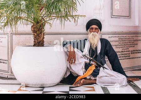 Amritsar, India - 15 AGOSTO: Ritratto di un vecchio Sikh seduto al Tempio d'Oro (Harmandir Sahib) il 15 agosto 2016 ad Amritsar, Panjab, India. Foto Stock