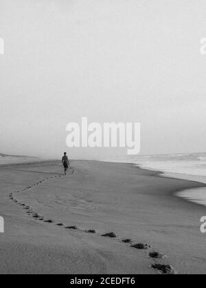 Colpo bianco e nero di uomo anonimo che cammina vuoto costa sabbiosa con enormi onde oceaniche in foschia Foto Stock