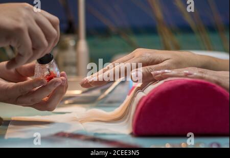 centro di manicure e pedicure dove c'è una signora dipingere i chiodi delle mani e dei piedi Foto Stock