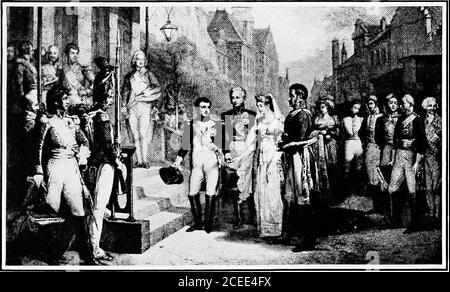 . Sulle orme di Napoleone, la sua vita e le sue famose scene. L'Imperatore dell'Ovest e l'Imperatore dell'Est MeetingON il Kaft a Tilsit. Napoleone saluto Regina Luisa di Prussia A TILSIT 241 stantinopoli sempre salvato. La Russia lo voleva e io non lo avrei fatto. Chiunque lo detiene può governare il mondo. Quando gli imperatori uscirono dal padiglione, lo zar, animabile, quasi isterico, era completamente passato sotto la magia di Napoleone. Non ho mai, ha detto, avuto più pregiudizi contro nessuno che contro di lui, butthey sono tutti scomparsi come un sogno. Vorrei che lo hadmet Foto Stock