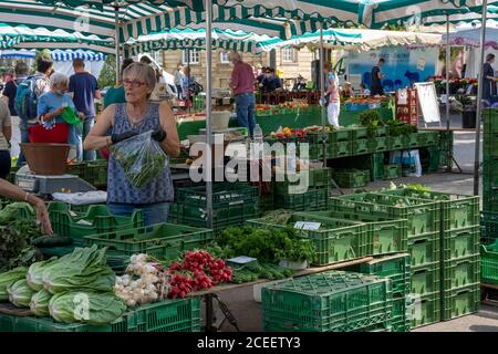 Esslingen, BW / Germania - 22 luglio 2020: La gente apprezza l'acquisto di cibo presso il mercato agricolo settimanale nella piazza della città di Esslingen, sul Neckar Foto Stock