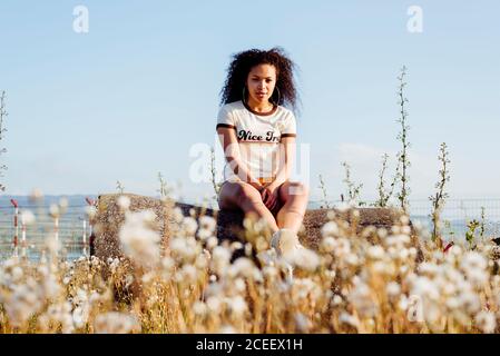 Donna Afro-americana rilassante sul log Foto Stock