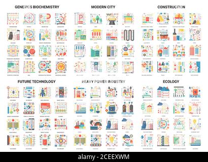 Icone piatte di concetto complesse, illustrazione vettoriale Set di design moderno con tecnologia ecologica futura nella biochimica genetica o industria pesante di energia, costruzione di città e collezione tecnologica di ecologia Illustrazione Vettoriale