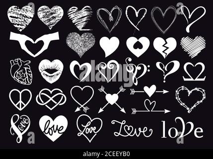 Cuori disegnati a mano, insieme di elementi vettoriali di disegno grafico per il biglietto di San Valentino, invito al matrimonio Illustrazione Vettoriale
