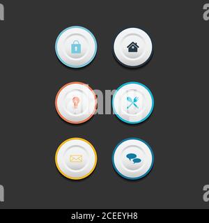 Cerchio web design collezione di bottoni con design piatto. Icona del pulsante a colori dell'applicazione Web e ui per il sito Web moderno. Icone vettoriali isolate su sfondo scuro Illustrazione Vettoriale