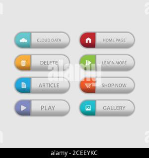 Collezione di bottoni colorati con design piatto. Icona del pulsante a colori dell'applicazione Web e ui per il sito Web moderno. Icone vettoriali isolate su bianco ba Illustrazione Vettoriale
