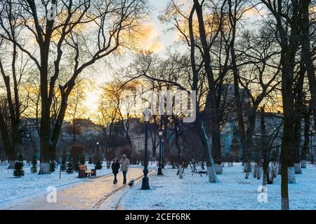 KIEV, UCRAINA - 06 GENNAIO 2020: Coppia con un cane a piedi in inverno Mariinsky parco a Kiev. Foto Stock