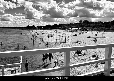 La gente riposa sul beacn in una calda giornata estiva. Golfo di Danzica, Mar Baltico, Danzica Brzezno, Polonia. Foto Stock