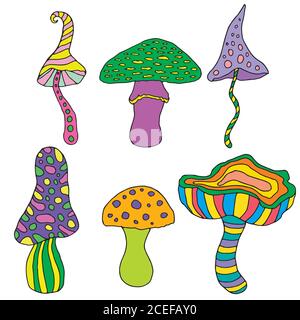 Set di fantastici funghi psichedelici decorativi su sfondo bianco. Illustrazione Vettoriale