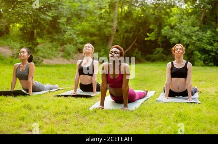 Ragazze sportive diverse al mattino pratica yoga, facendo la posa cobra al parco Foto Stock