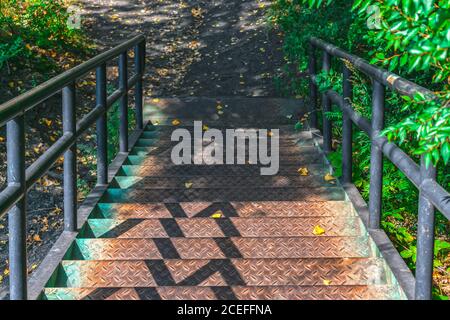 Scendendo una vecchia e arrugginita scala di ferro ad un autunno parco con foglie ancora verdi sugli alberi Foto Stock