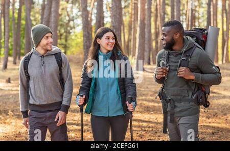 Gruppo multirazziale di escursionisti che camminano nella foresta Foto Stock