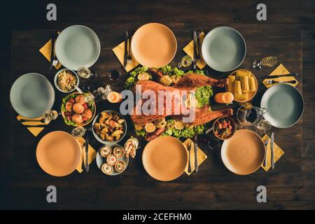 Top sopra foto ad alto angolo di grande arrosto cotto farcito tacchino guarnire insalata di riso verdura frutta decorazione piatto vuoto pregare prima del pasto due candele per fumatori Foto Stock