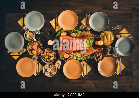 Top sopra foto ad alto angolo di grande arrosto cotto farcito tacchino bevande guarnire pasti decorazione vegetale piatti vuoti cena praparartion due illuminati Foto Stock