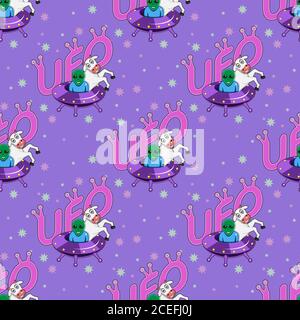 modello di astronave senza cuciture con mucca e alieno su sfondo viola. Immagine vettoriale Illustrazione Vettoriale