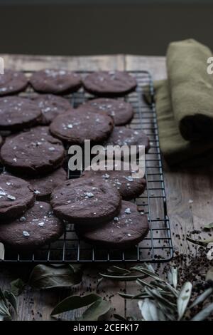 Rametti di olive asciutti giacenti su un tavolo di legno invecchiato vicino alla griglia con un mazzo di deliziosi biscotti al cioccolato senza glutine Foto Stock