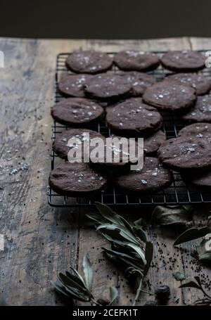 Rametti di olive asciutti giacenti su un tavolo di legno invecchiato vicino alla griglia con un mazzo di deliziosi biscotti al cioccolato senza glutine Foto Stock