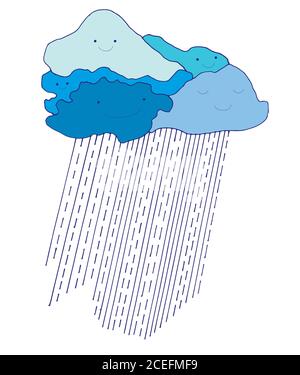 Fumetto colorato divertente cielo blu con gocce di pioggia, stile doodle. Illustrazione Vettoriale