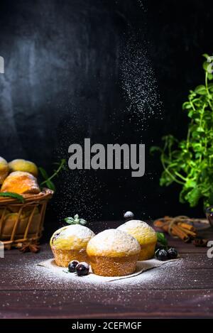 cupcake con foglie di menta e ribes nero in zucchero a velo su fondo nero, cesto di legno con cupcake e ribes nero. levitazione del po Foto Stock