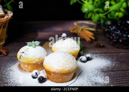 cupcakes con foglie di menta e ribes nero in zucchero in polvere su fondo nero, un cesto di legno con cupcakes e ribes nero . primo piano, spazio Foto Stock