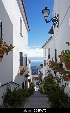 Andalusia in Spagna: una tipica stradina nel 'pueblo blanco' di Mijas Foto Stock