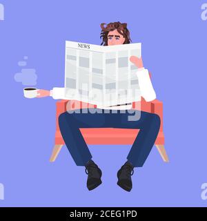 uomo d'affari bere caffè leggere giornale mass media hot ultime notizie illustrazione vettoriale concept full length Illustrazione Vettoriale