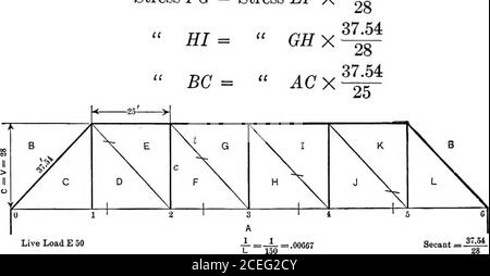 . Sollecitazioni a carico vivo nei ponti ferroviari, con formule e tabelle. Che quando 114 di carico è avanzato sul ponte, questa condizione è approssimativamente soddisfatta. Per questa posizione di carico mi = 22261 M, = (M3--M2) = (2565 - 175) = 2390 &lt;=(l) = 1is(-«^«») = -«^» quindi si = .00580(22261) - .0466(2390) = 16Questo valore di ^2 = 16* bilancia % D = - 14*, abbastanza vicino per scopi pratici. Pertanto, calcolare T perquesta posizione del carico attivo. ^ = 3^ = -00203 Mo = H (22261) - 2565 = 11340T = .00203(11340) = 23 fattore di impatto = -rrrrj = 0,725 sollecitazione di impatto per T = .725 X 23 - 17^ problema Foto Stock