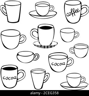 Set in bianco e nero di dodici tazze e tazze diverse. Set vettoriale per stoviglie con tazze. Concetto di caffetteria. Illustrazione Vettoriale