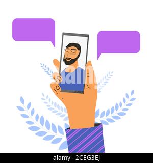 Videochiamate. Chiacchierare con un amico. Parlando con l'uomo barbuto. Mano umana che tiene un telefono. Smartphone con avatar facciale sullo schermo isolato su bianco ba Illustrazione Vettoriale