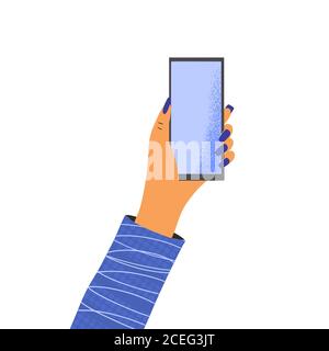 Mano umana che tiene un telefono. Smartphone con schermo vuoto isolato su sfondo bianco. Immagine vettoriale a colori piatti. Illustrazione Vettoriale
