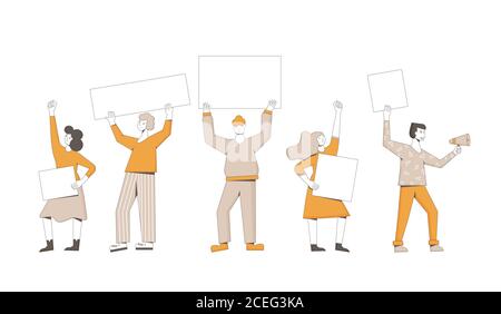 Protesta. Lavoratori che tengono cartelli. Persone in piedi insieme con spazi vuoti. Gruppo di uomini e donne con bandiere che prendono parte alla sfilata, picket. AC. Sociale Illustrazione Vettoriale