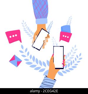 Mani umane che tengono un telefono. Due amici che chiacchierano. Smartphone con schermo vuoto isolato su sfondo bianco. Immagine vettoriale a colori piatti. Illustrazione Vettoriale