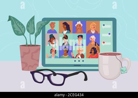 Videoconferenza concettuale, meeting online e lavoro da casa flat vettoriale. Illustrazione Vettoriale