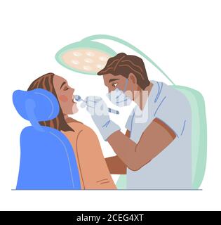 Paziente donna sottoposto a esame di salute orale in clinica dentale, illustrazione vettoriale. Illustrazione Vettoriale