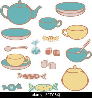 Set vettoriale di stoviglie per il tè - tazze, tazze, teiera, zuccheriera, zucchero a pezzetti e caramelle. Concetto per il negozio di tè. Illustrazione Vettoriale