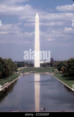 Il Washington Memorial di Washington DC si illumina contro un cielo blu con nuvole bianche macchiate mentre si riflette su scorta d'acqua libera Foto Stock