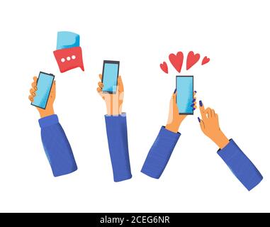 Mani umane che tengono un telefono. Smartphone con schermo vuoto isolato su sfondo bianco. Illustrazione vettoriale a colori piatti. Illustrazione Vettoriale