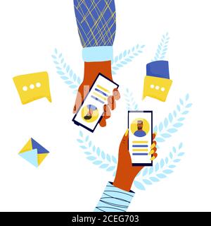 Conversazione interattiva in coppia. Comunicazione a distanza familiare. Due amici che partecipano alla conferenza. Chattare da casa. Immagine piatta vettoriale. Illustrazione Vettoriale