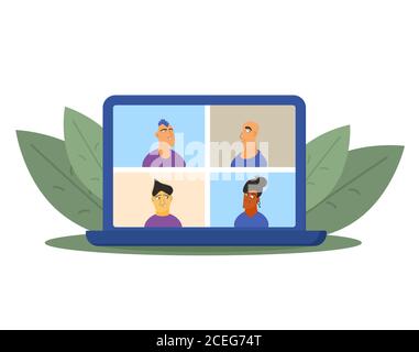 Videoconferenza. Parlare a distanza con la famiglia. Gruppo di colleghi che partecipano alla conferenza aziendale. Chiamata o riunione online per un lavoro remoto. Riproduci in streaming gli amici Illustrazione Vettoriale
