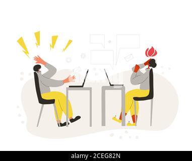 Sindrome di Burnout. Personaggi stanchi che lavorano da casa sul computer. Persone stressate che utilizzano un computer portatile. Immagine vettoriale a colori piatti. Illustrazione Vettoriale