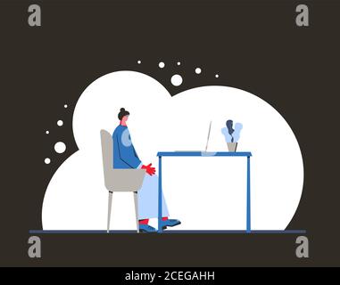 Lavoro da casa. Donna seduto al computer portatile e ha una chiamata online. Freelance che usa il suo computer per un lavoro. Immagine piatta vettoriale. Illustrazione Vettoriale