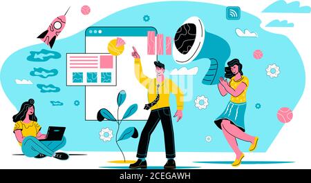 Formazione di affari e formazione online cartoni animati illustrazione vettoriale piano. Illustrazione Vettoriale