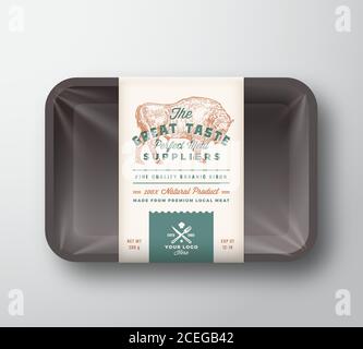 Buon gusto Bison. Contenitore per vassoio in plastica per carne astratta Vector con coperchio in cellofano. Modello di etichetta di disegno di imballaggio di tipografia retrospettiva. Disegnato a mano Illustrazione Vettoriale