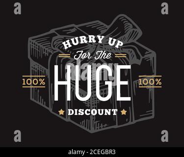 Tipografia retrospettiva astratta Vector enorme segno di vendita di sconto, simbolo o modello di logo. Offerta speciale Gift Clearance Emblem. Sfondo nero Illustrazione Vettoriale