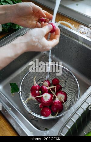 Donna che lava verdure fresche in cucina Foto Stock