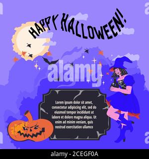 Banner o invito di Halloween con illustrazione vettoriale di strega e zucca. Illustrazione Vettoriale