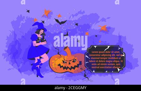 Halloween partito invito con donna in abito strega, illustrazione vettoriale. Illustrazione Vettoriale