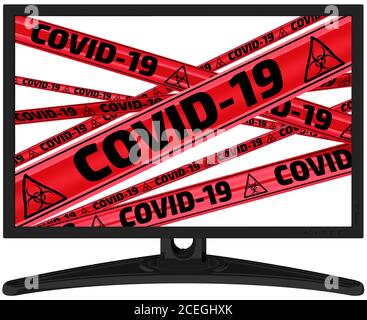 Attenzione COVID-19. Sul display sono presenti nastri di avvertimento rossi con testo nero COVID-19 (il 2019 novel coronavirus, noto anche come 2019-nCoV) Foto Stock